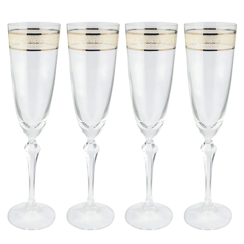 Jogo De Taças Champanhe 200Ml 4 Pçs Cristal Friso Dourado