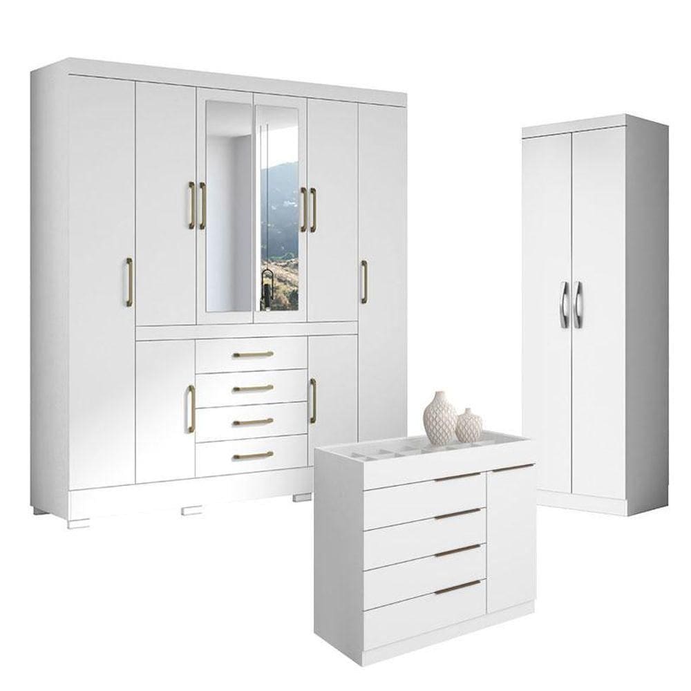 Guarda Roupa Casal Nápole 2045149 E Armário Multiuso New 2000192 E Cômoda Sevilha Branco - Aramóveis