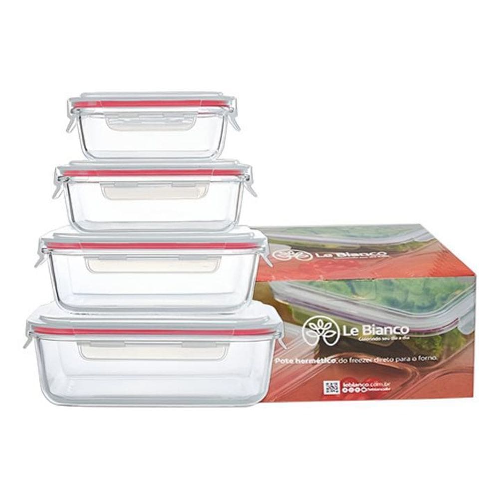 Kit 4 Potes De Vidro Retangular Hermético 4 Travas