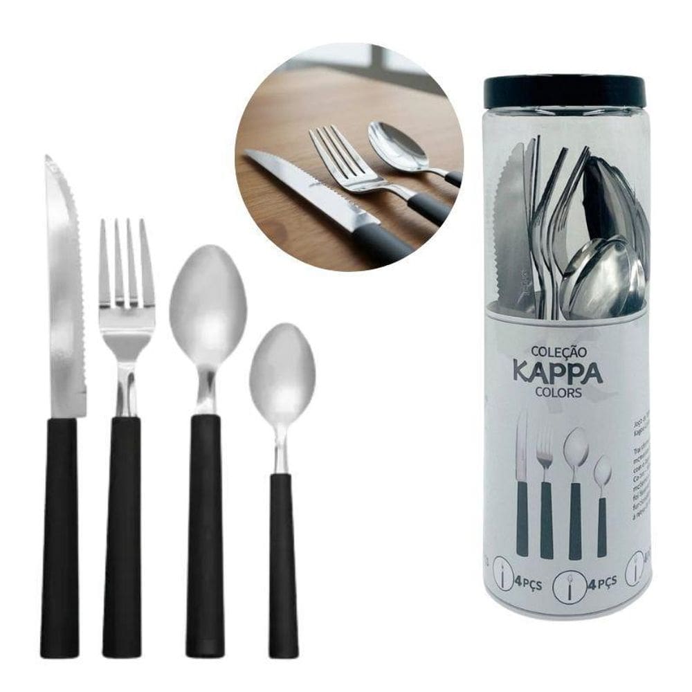 Jogo De Talheres Cabo Preto 16 Peças Garfo Faca Colher