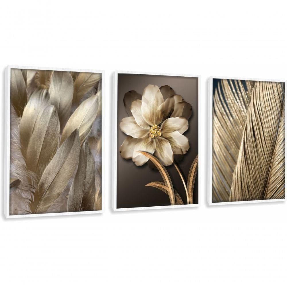 Quadro Decorativo Flor Com Pena Dourada Com Moldura Branco