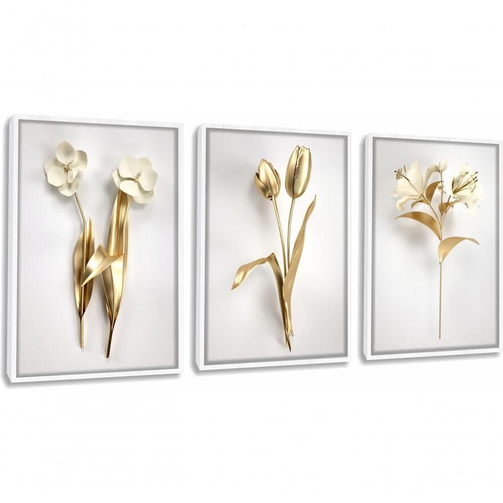 Quadro Decorativo Flor 3d Dourado Com Moldura Branco