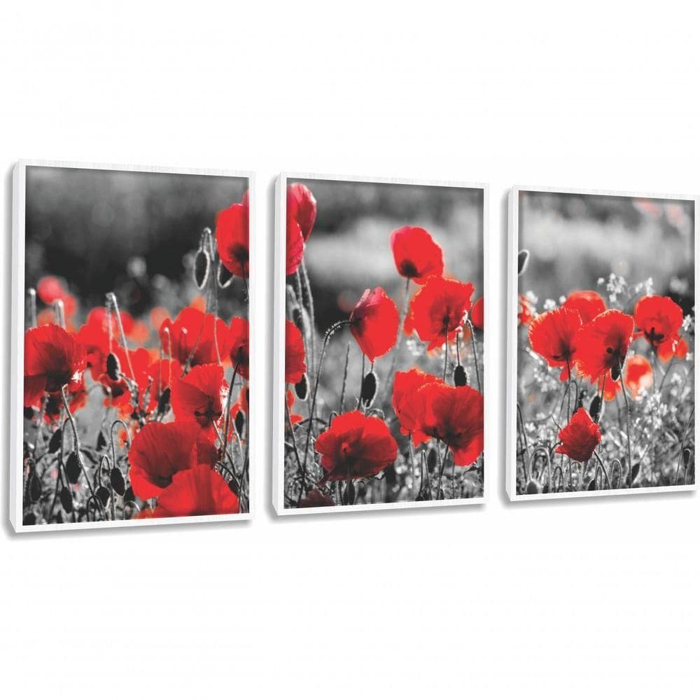 Quadro Decorativo Flor Vermelha Fundo Cinza Com Moldura Branco