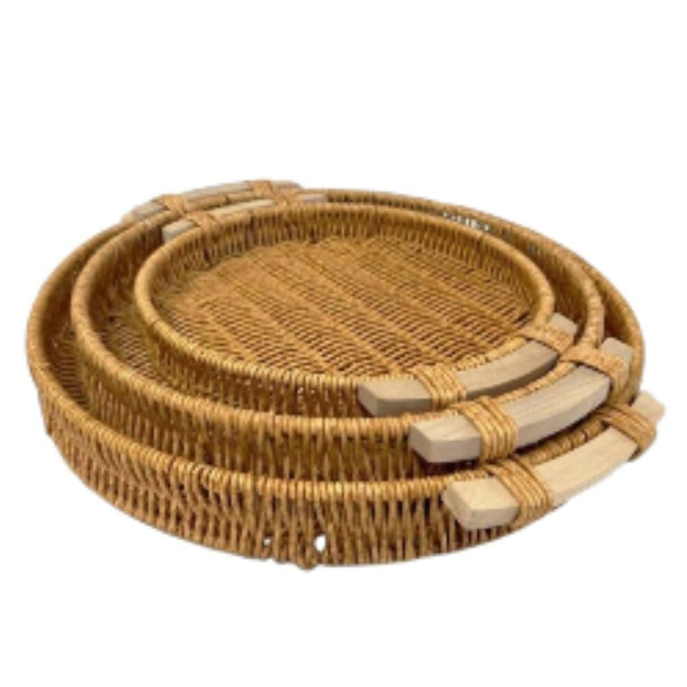 Kit 3 Peças Bandejas Redondas Em Madeira