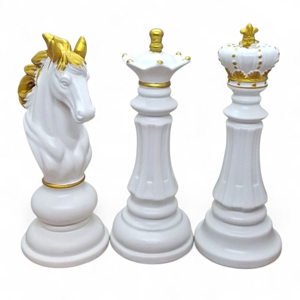 Kit Peças de Xadrez Cavalo Rei Rainha Porcelana Branca 17cm