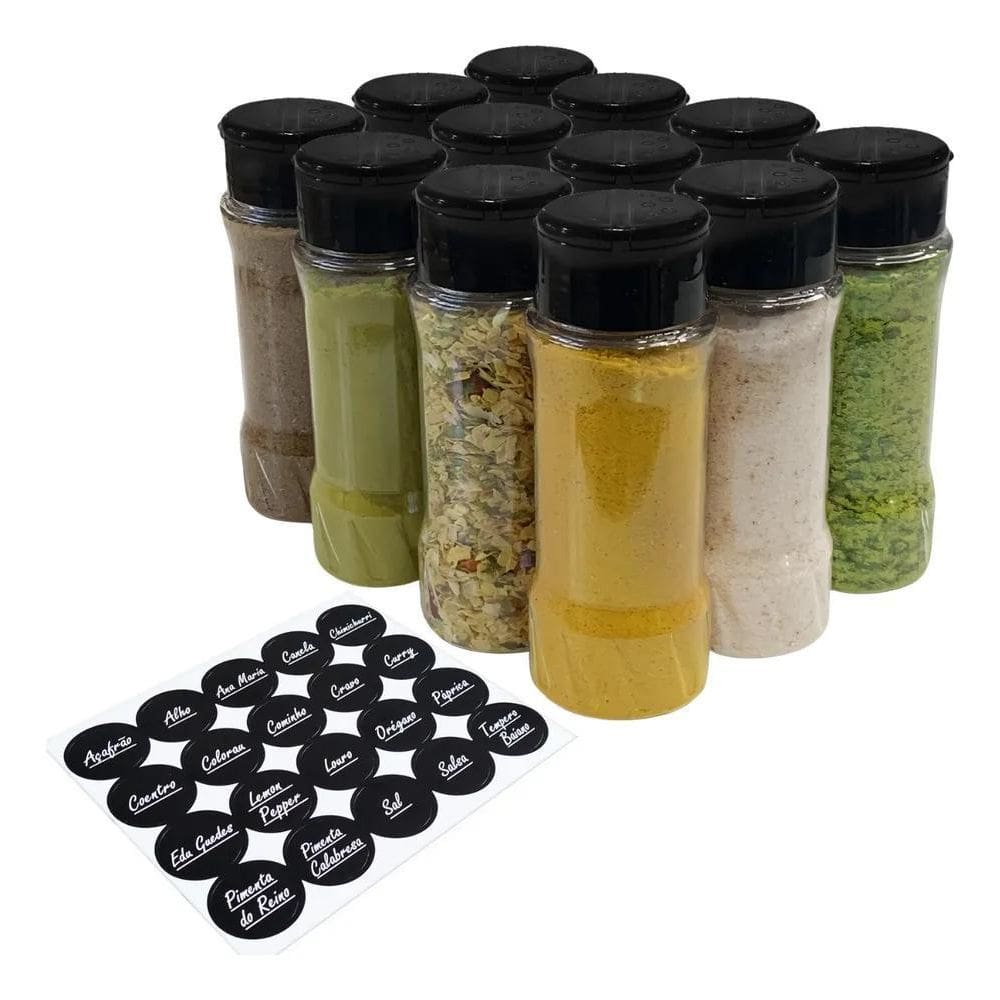 Kit 12 Pote 130Ml P/Tempero C/Tampa Dosadora Dupla+Etiqueta