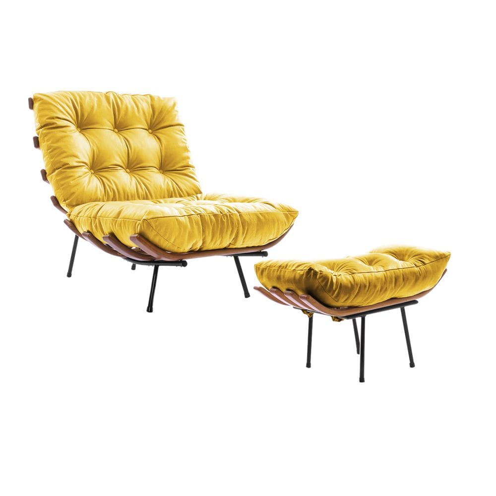 Poltrona Costela com Puff em Couro Sintético Amarelo