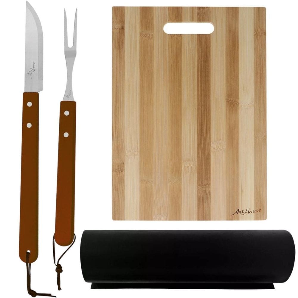Kit Churrasco 2 Pçs Cabo Madeira + Tabua Bambu +Manta Teflon