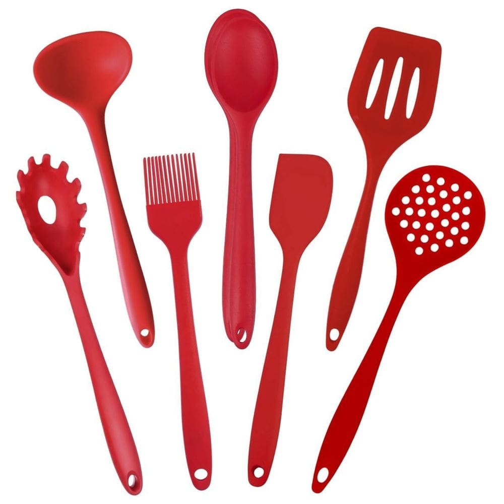 Kit 07 Peças Talheres Silicone Vermelho Utensilio Cozinha