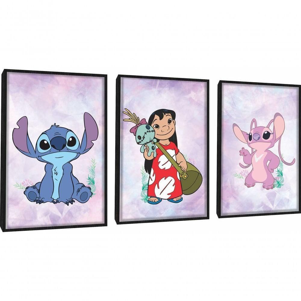 Quadros Decorativos Lilo & Stitch E Angel Com Moldura Preto