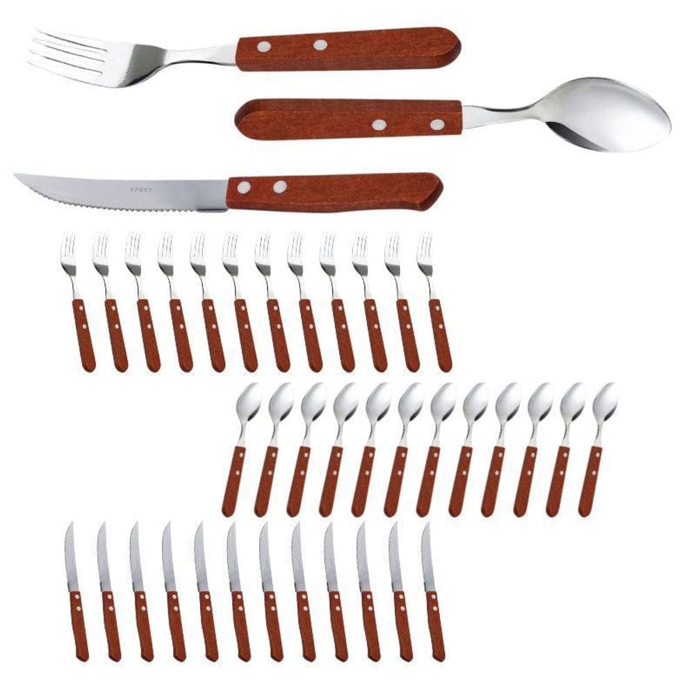 Faqueiro Com 12 Colher + 12 Facas + 12 Garfos Cabo Madeira
