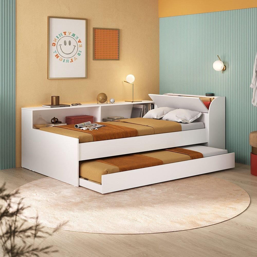 Cama Solteiro com Nicho e Cama Auxiliar Aria Espresso Móveis Branco
