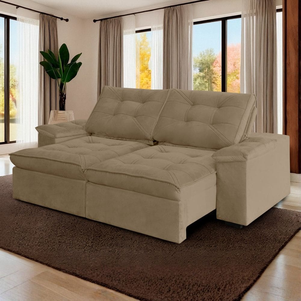 Sofá Retrátil Reclinável Molas Ensacadas 290cm Veludo Zurique Bege Escuro