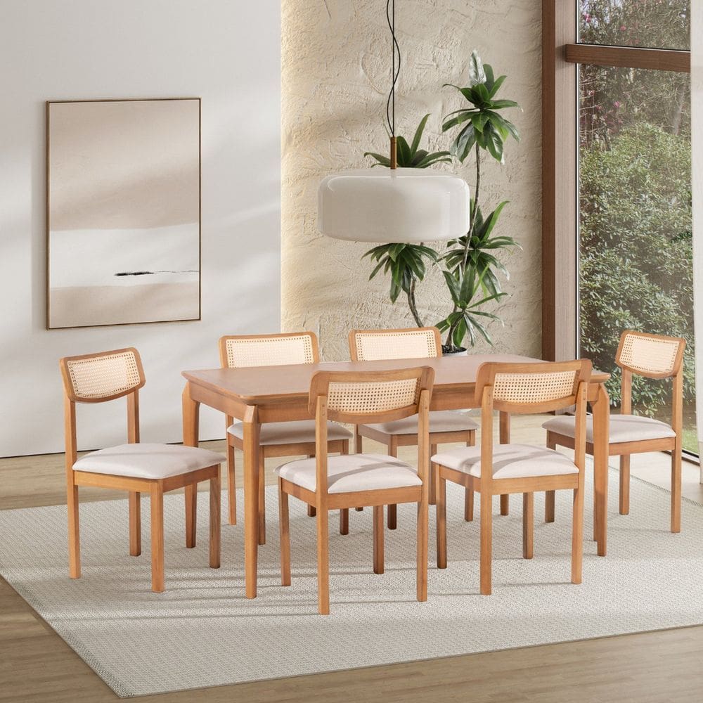 Conjunto Sala de Jantar com 1 Mesa Tampo Laminado 160cm e 6 Cadeiras Encosto Florença Cru/Verniz Mel