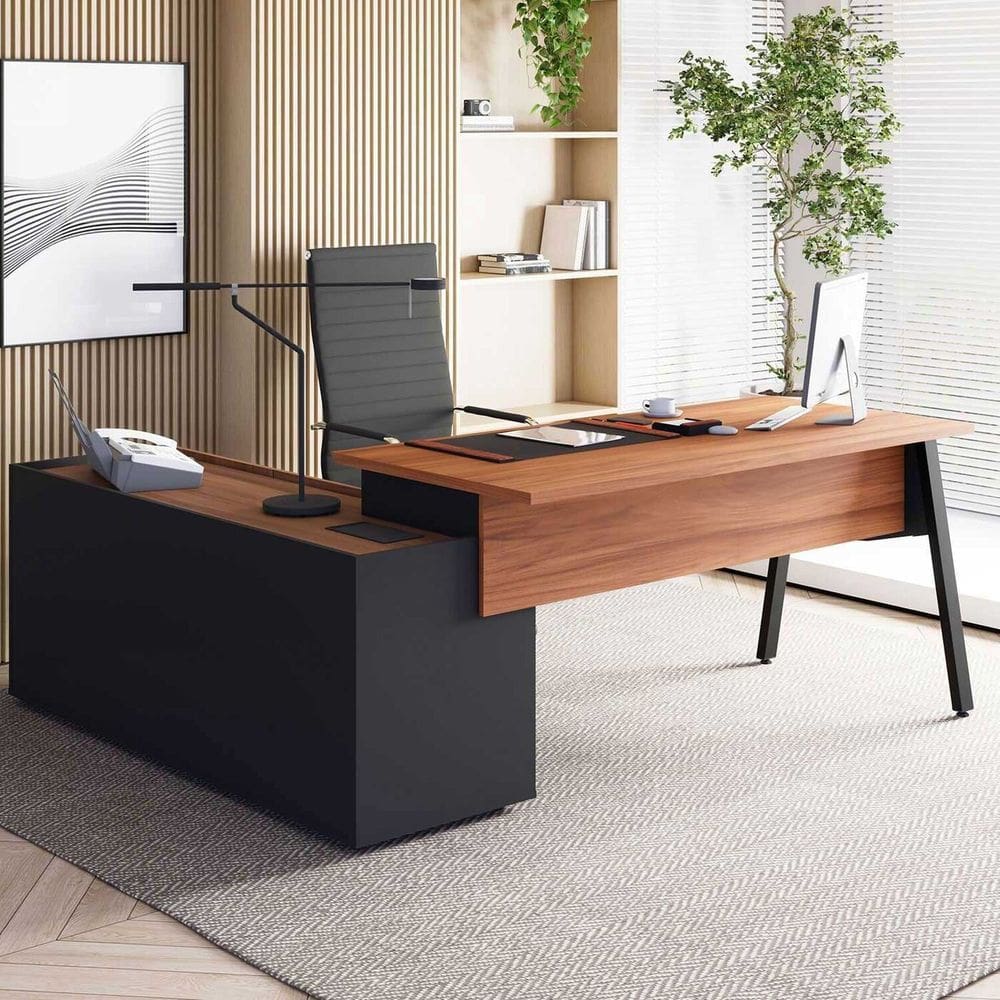 Mesa L Diretor Escritório 200cm com Armário Lateral Tampo Cavado e Pés Metal Industrial Executive Nogal /Preto