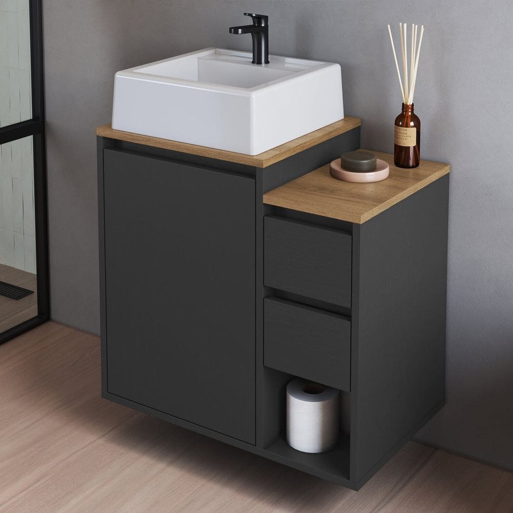 Balcão Gabinete de Banheiro Suspenso 60 Bahamas 1 Porta e 2 Gavetas com Cuba Grafite