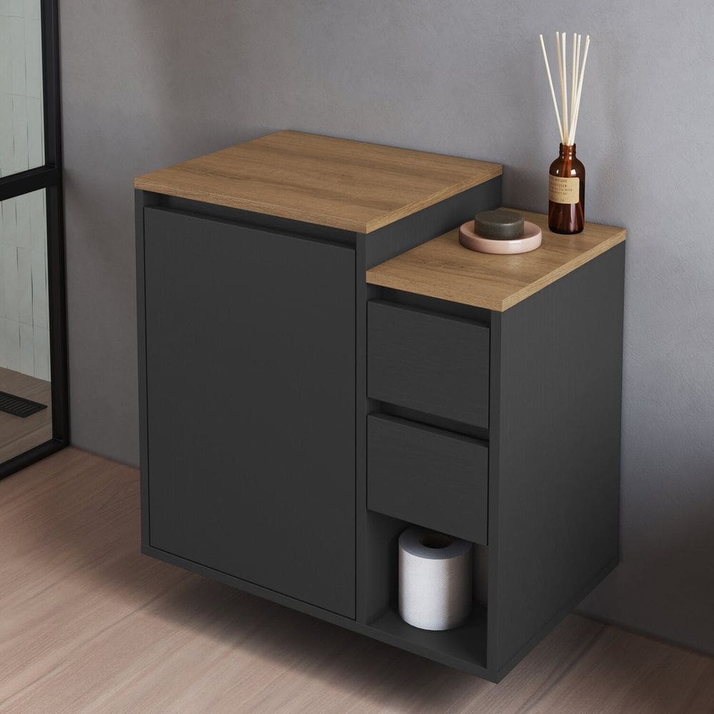 Balcão Gabinete de Banheiro Suspenso 60 Bahamas com 1 Porta e 2 Gavetas Grafite