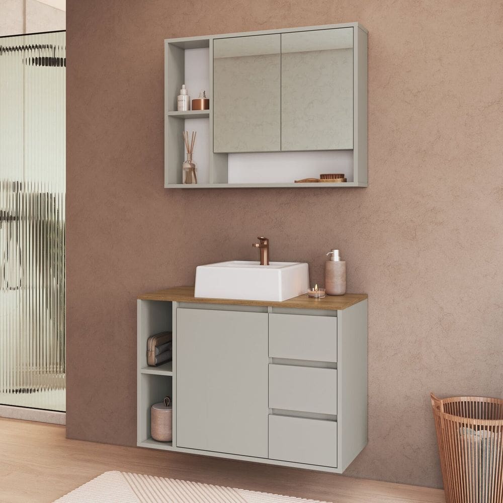 Conjunto para Banheiro Gabinete Suspenso 80cm com Cuba e Espelheira Belagavi Arenas