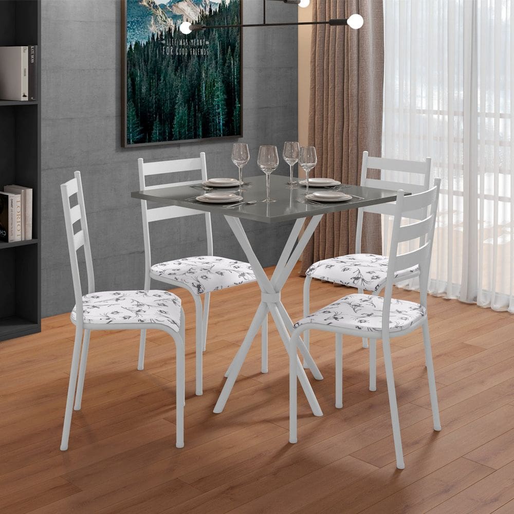 Conjunto Mesa com 4 Cadeiras 541.sli e Tampo Quadrado Diamante Branco/Cinza Perola/Bra Flo
