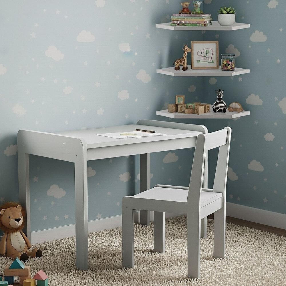 Conjunto Mesa e Cadeira Infantil com 3 Prateleiras de Canto Branco