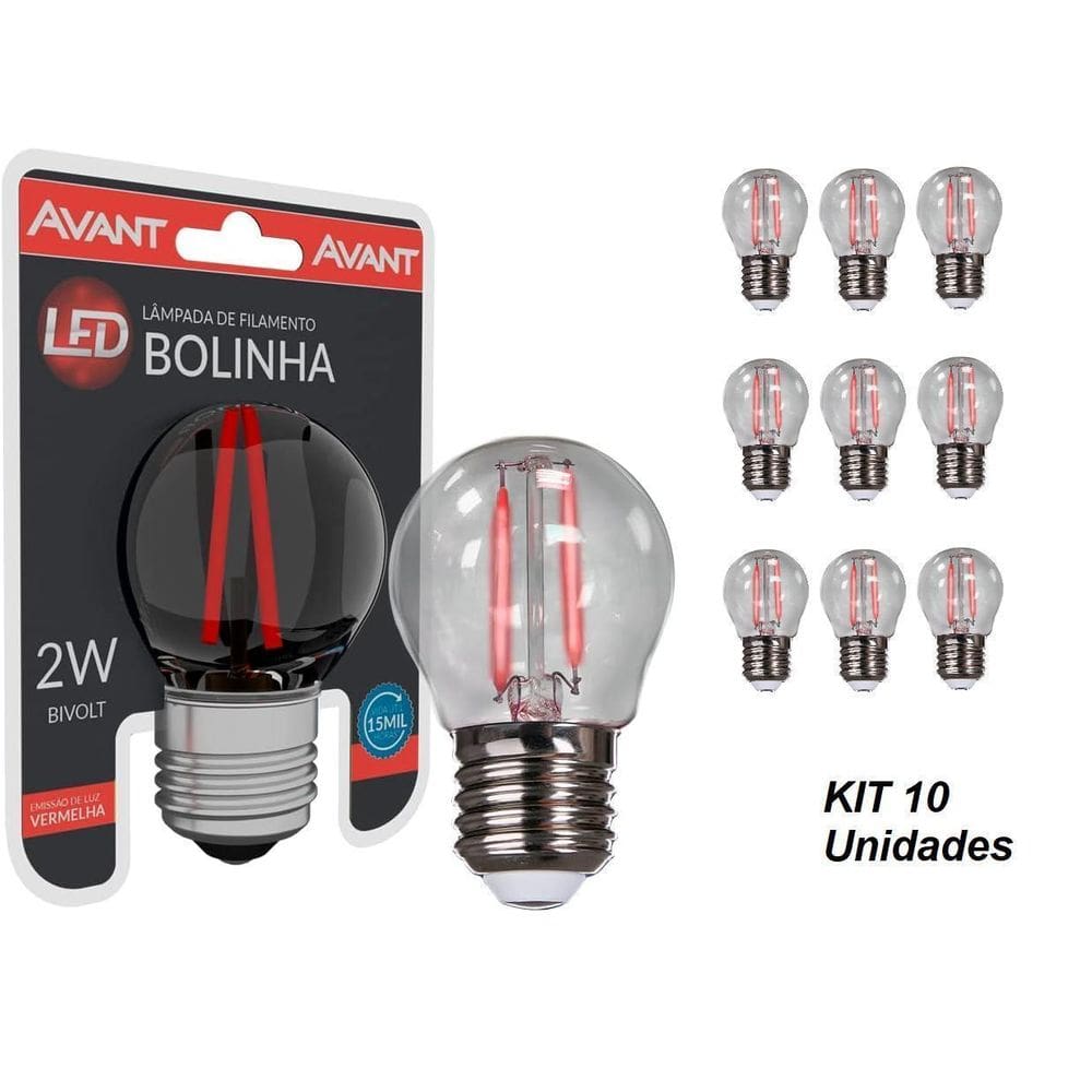 Kit 10 Lâmpadas Bolinha Vermelha Led 2W Filamento E27 Bivolt