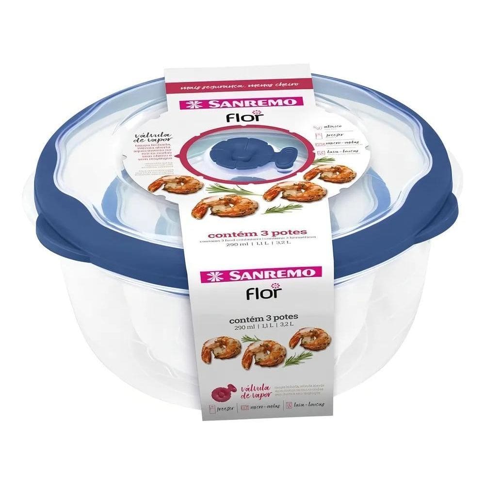 2X Conjunto De Potes Plásticos Redondos Herméticos Flor Azul