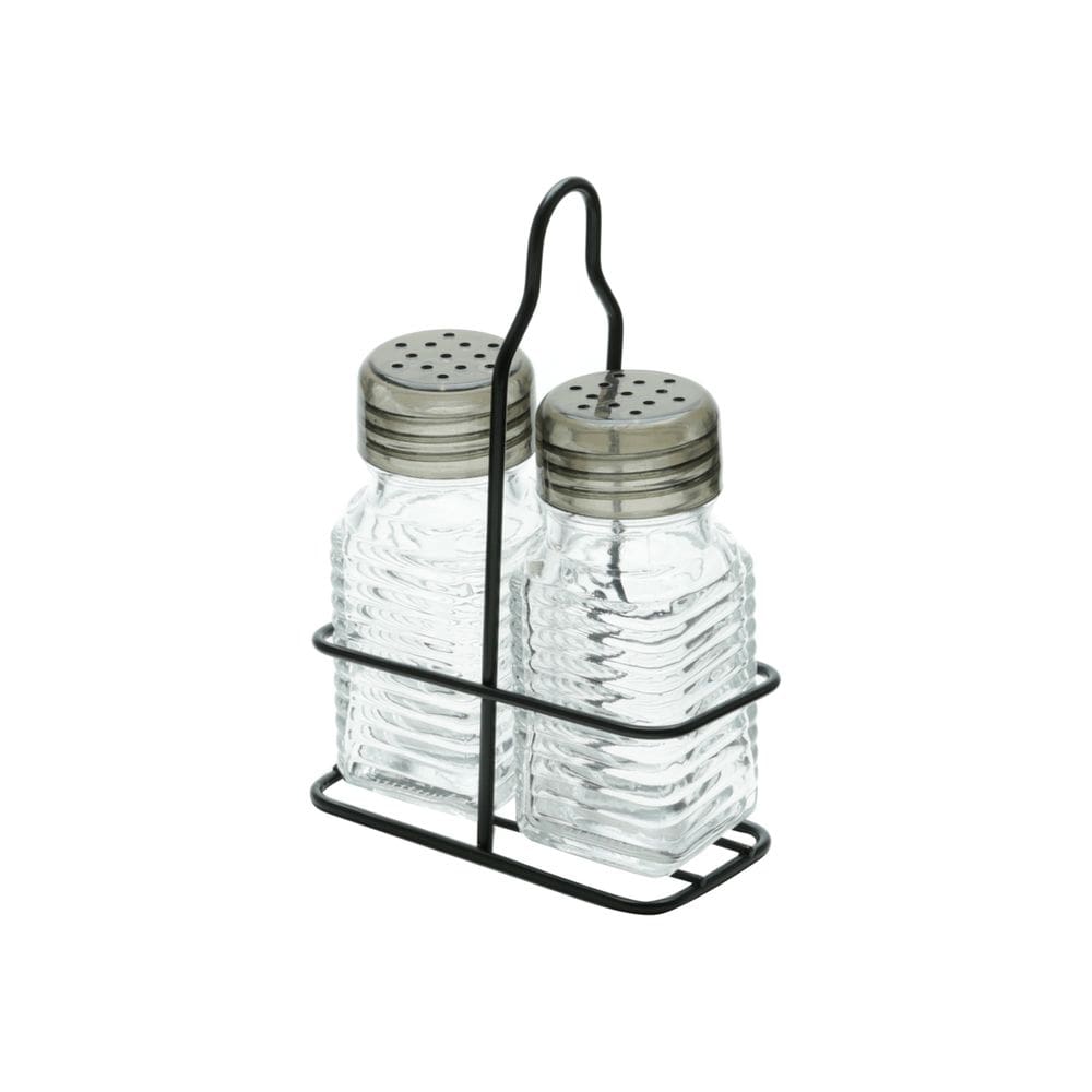 Kit Saleiro e Pimenteiro de Vidro 10x4cm C/Suporte de Metal Preto 14x9cm Lyor