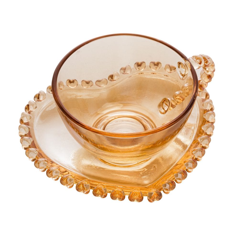 Xícara P/Chá C/Pires de Cristal Coração Âmbar Metalizado 170ml Lyor