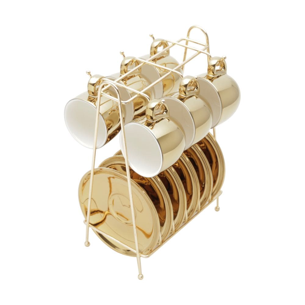 Cj 6 Xícaras P/Café C/Pires de Porcelana Versa Branco/Dourada 90ml e Suporte de Metal Wolff