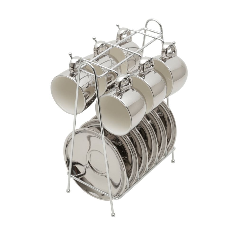 Cj 6 Xícaras P/Café C/Pires de Porcelana Versa Branco/Prata 90ml e Suporte de Metal Wolff