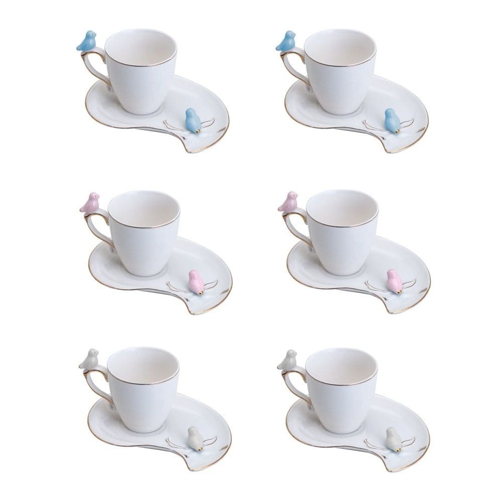 Cj 6 Xícaras P/Café C/Pires Curvado de Porcelana Birds Design Plate Colorido 90ml Wolff