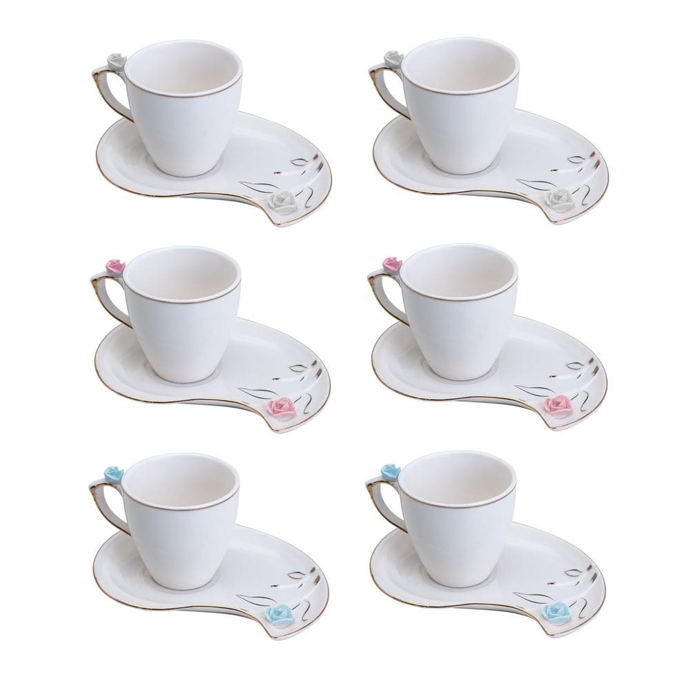 Cj 6 Xícaras P/Café C/Pires Curvado de Porcelana Flower Design Plate Colorido 90ml Wolff