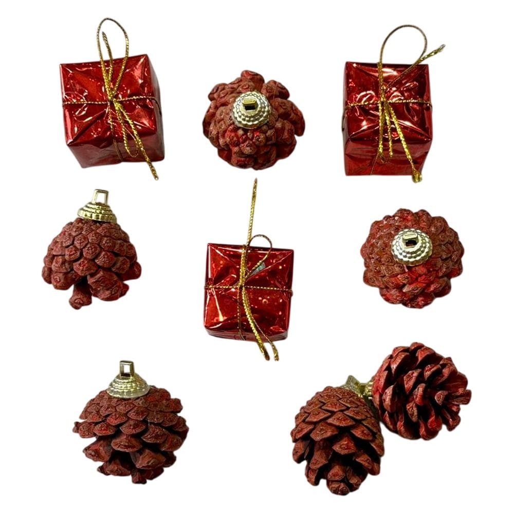 Kit Enfeites de Natal 9 Peças Pinhas e Presentes para Árvore Decorativa