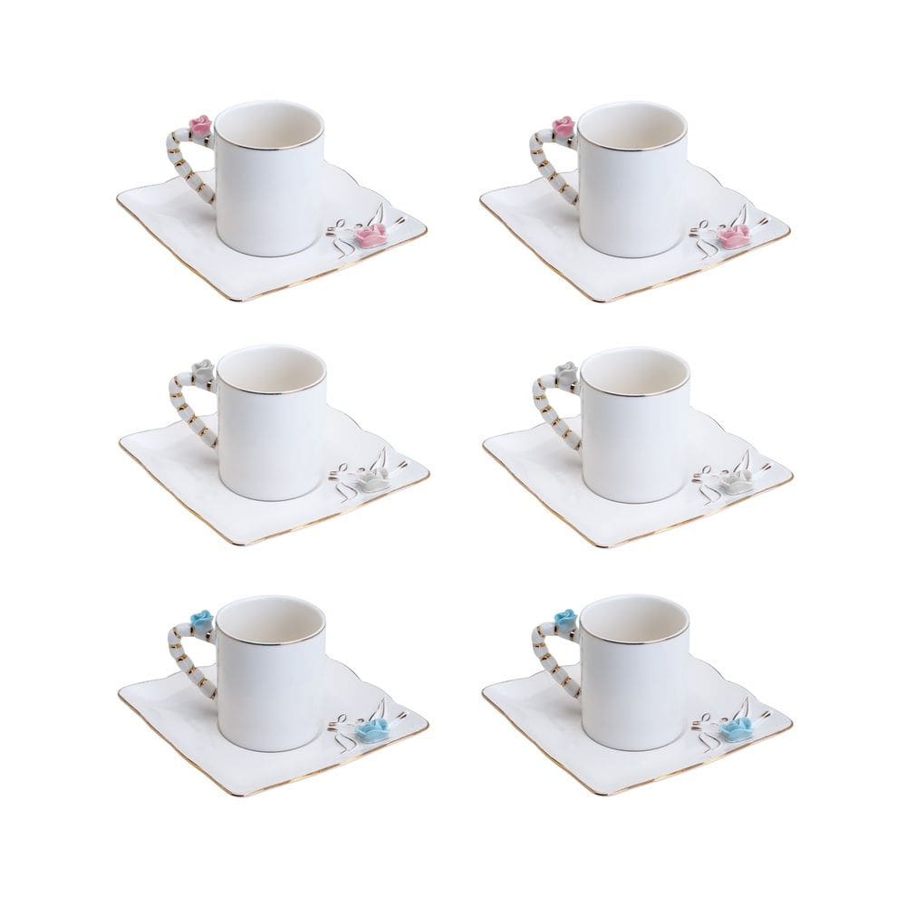 Cj 6 Xícaras P/Café C/Pires Quadrado de Porcelana Branca Flower Design Plate Colorido 80ml Wolff