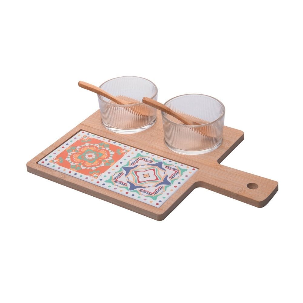 Cj 2 Petisqueiras de Vidro e Tábua de Ladrilho C/Colher e Bandeja de Bambu 32x22,5cm Wolff