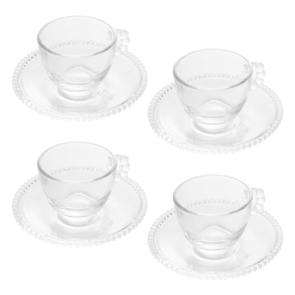 Cj 4 Xícaras P/Café C/Pires de Cristal Pearl Bolinha Transparente 80ml Wolff