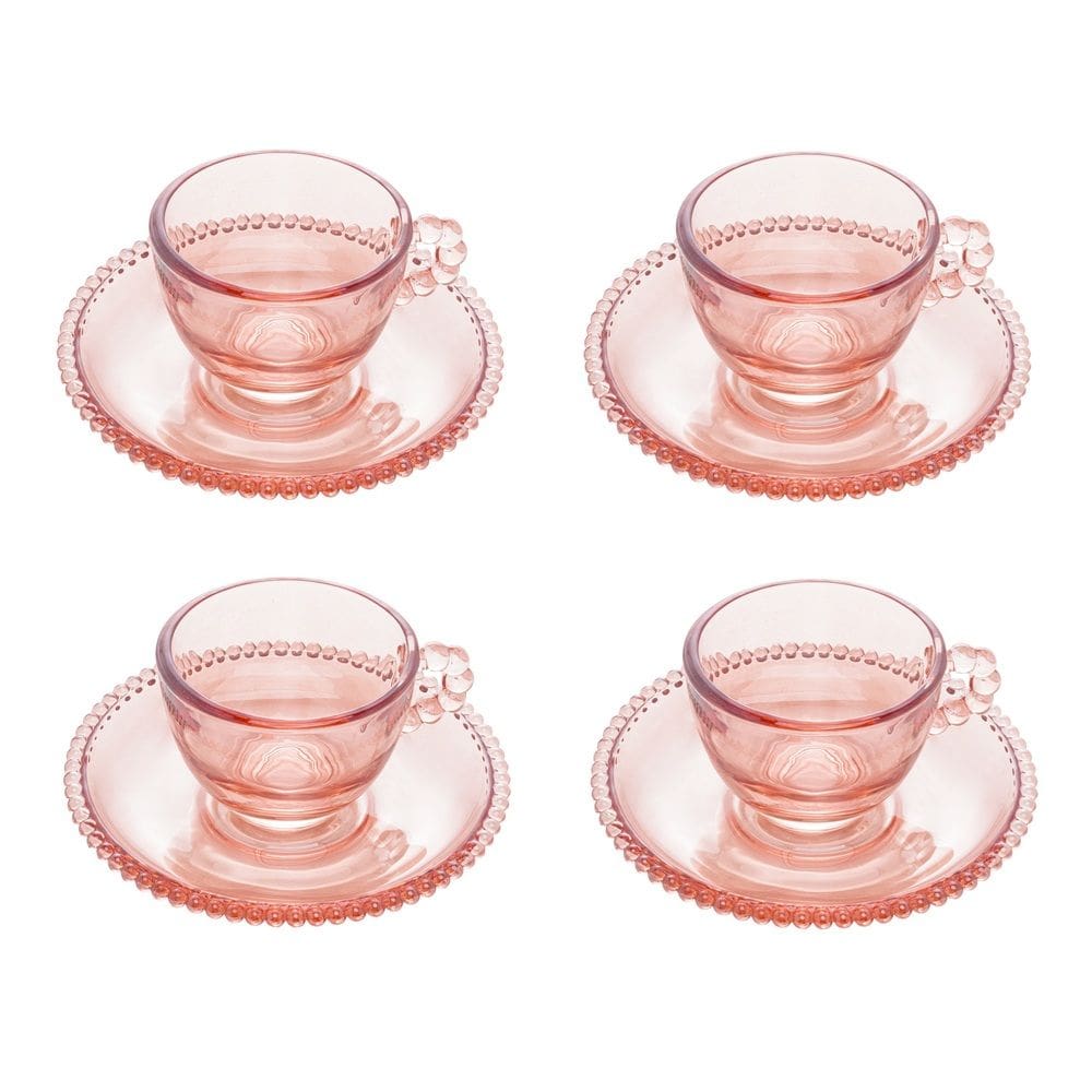 Cj 4 Xícaras P/Café C/Pires de Cristal Pearl Bolinha Rosa 80ml Wolff