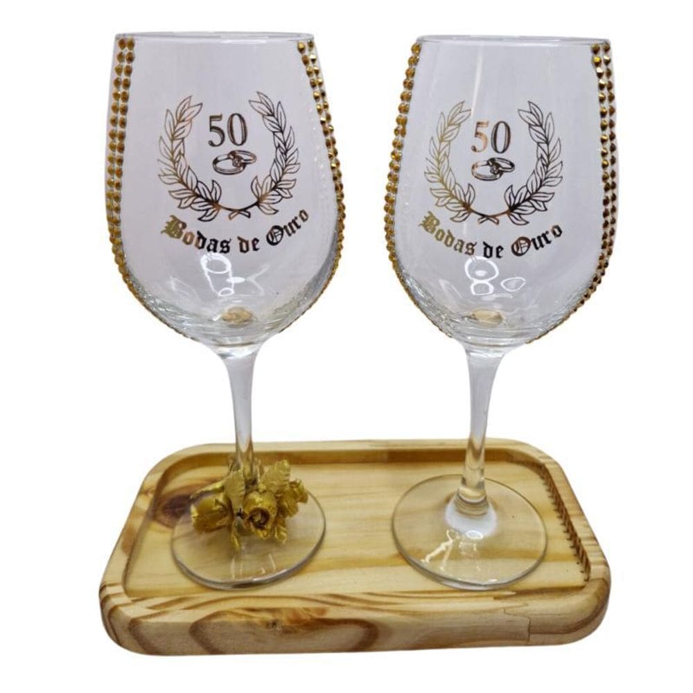 Kit 2 Taças Bandeja Bodas Ouro 50 Anos Rosas Luxo + Presente