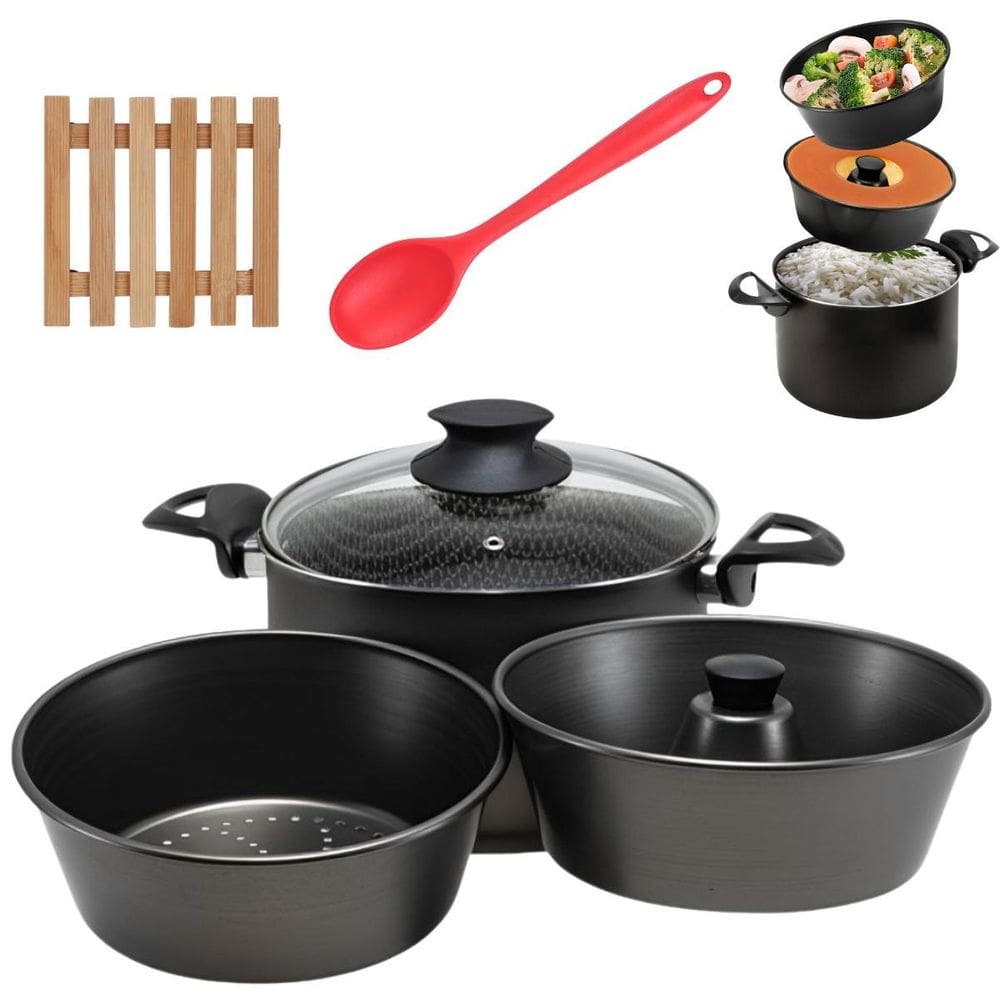 Panela 3 Em 1 Antiaderente 3,9L + 02 Descansos + Colher