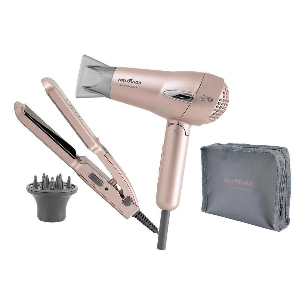 2X Kit Britânia Travel Rose Gold Secador + Prancha E Difusor