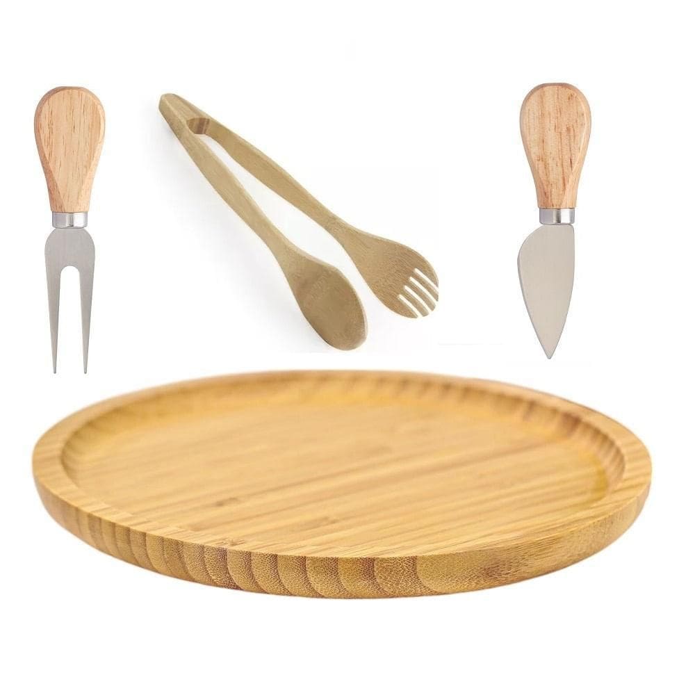 Kit Bandeja E Pinca Bambu 25 Cm, Cortador E Garfo Queijos