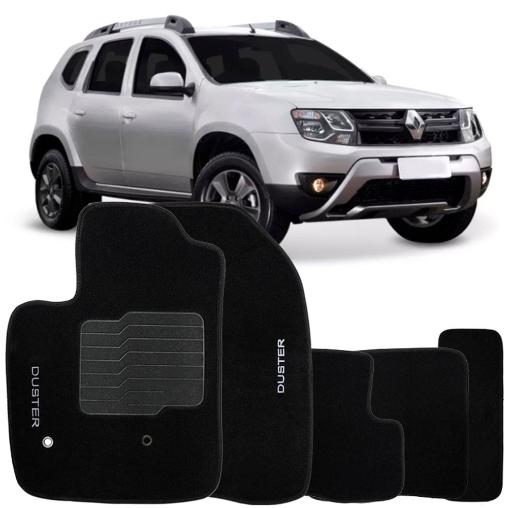 Tapete Carpete Duster 2016 à 2019 Preto Logo Bordado Jogo 5 Peças Personalizado Automotivo