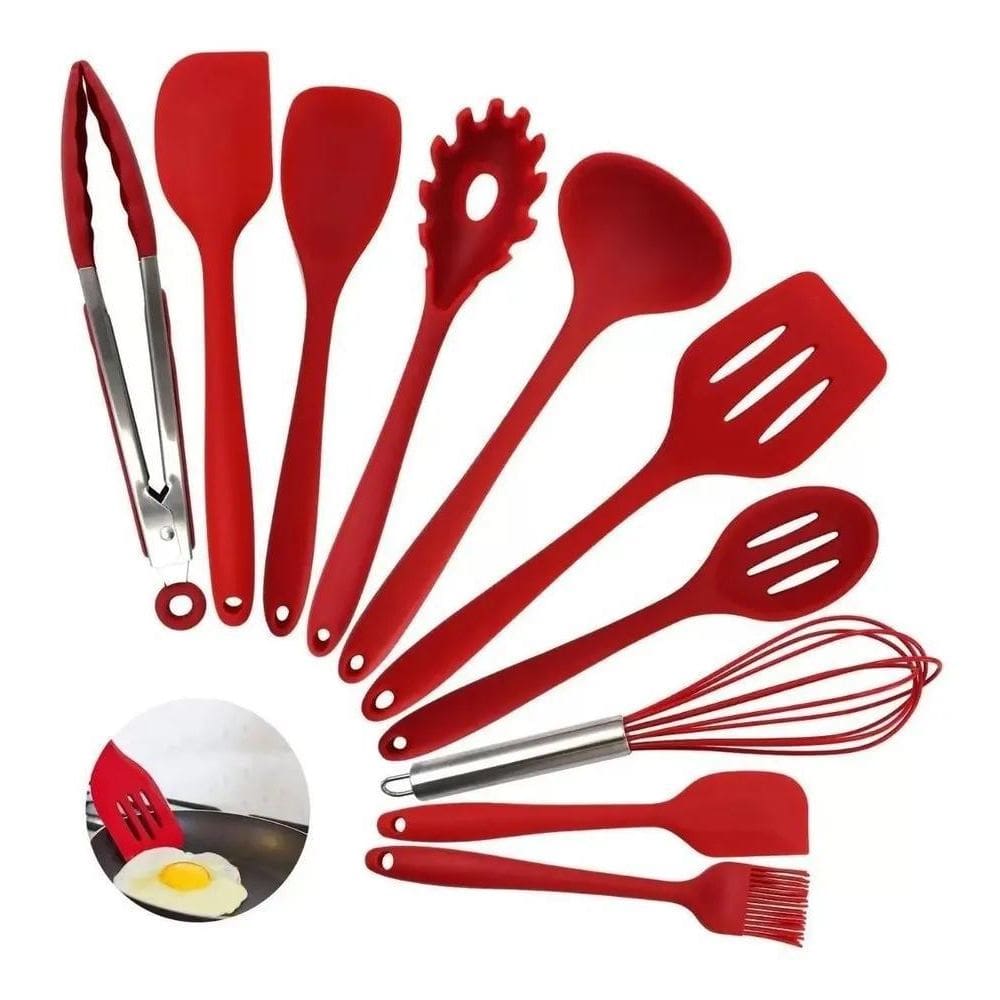 Jogo 10 Colheres De Silicone Cabo Inox Utensílios Cozinha