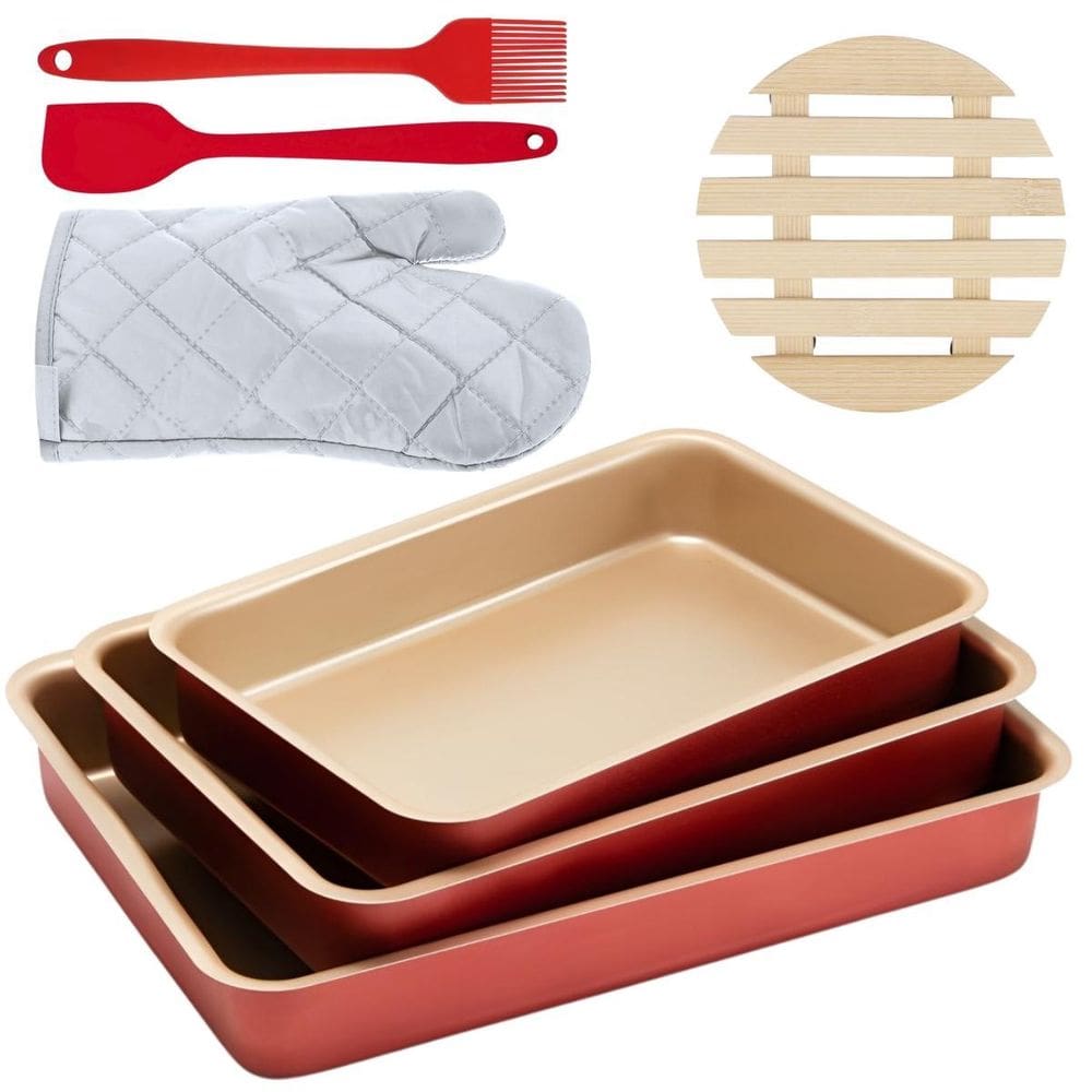 Assadeira 3 Pçs + Luva + Pincel + Espátula + Descanso Panela