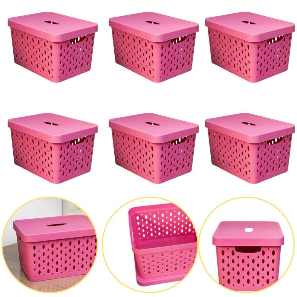 Kit 6 Caixa Cesto Organizador Multiuso Empilhável 17 L Rosa