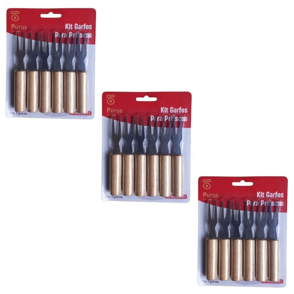 Kit 18 Garfos Garfinhos P/Petisco Frios Em Inox Cabo Madeira