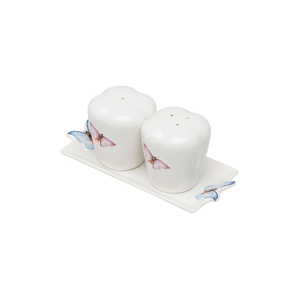 Kit Saleiro e Pimenteiro Porcelana Branca 6x6cm C/Bandeja Borboletas 16,5x7,5cm Wolff