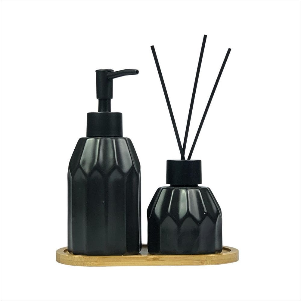 Jogo Saboneteira Difusor Porcelana Preto 3 Peças Banheiro