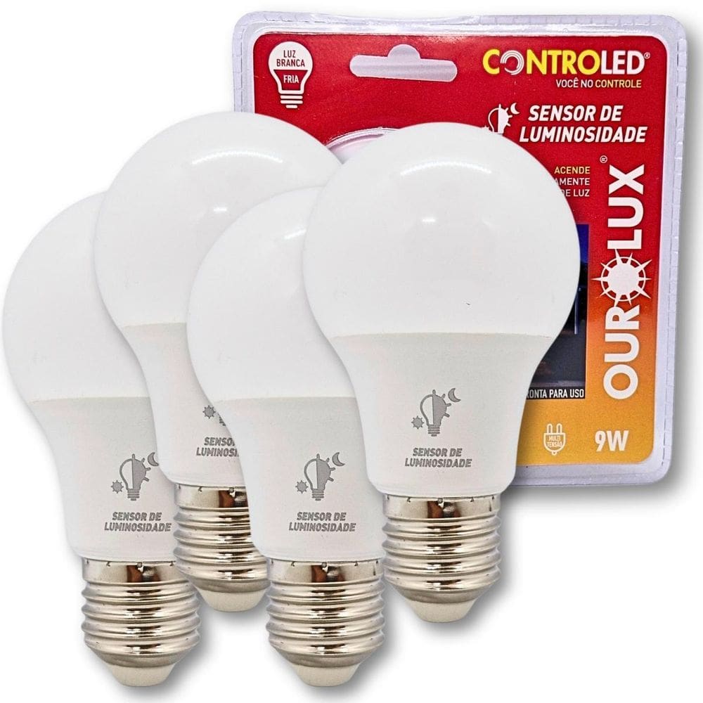 Kit 4 Lâmpadas Inteligente Sensor Luminosidade 6500K 9W E27