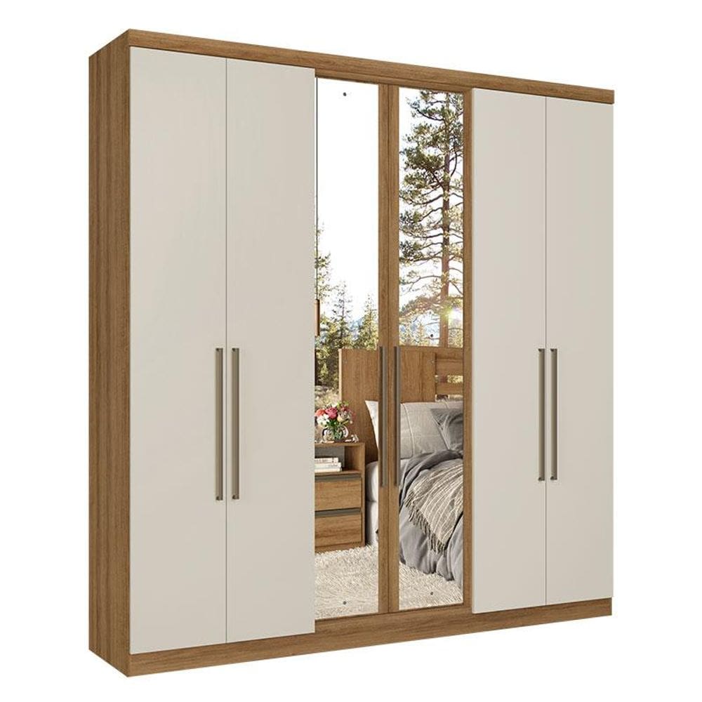 Guarda Roupa Casal Presence Full Glass 6 Portas Almendra Off White Acetinado - THB